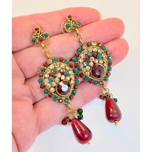 Vintage Indian Wedding Style Earrings, Gold Tone, Faux Emerald, Ruby Red Stones